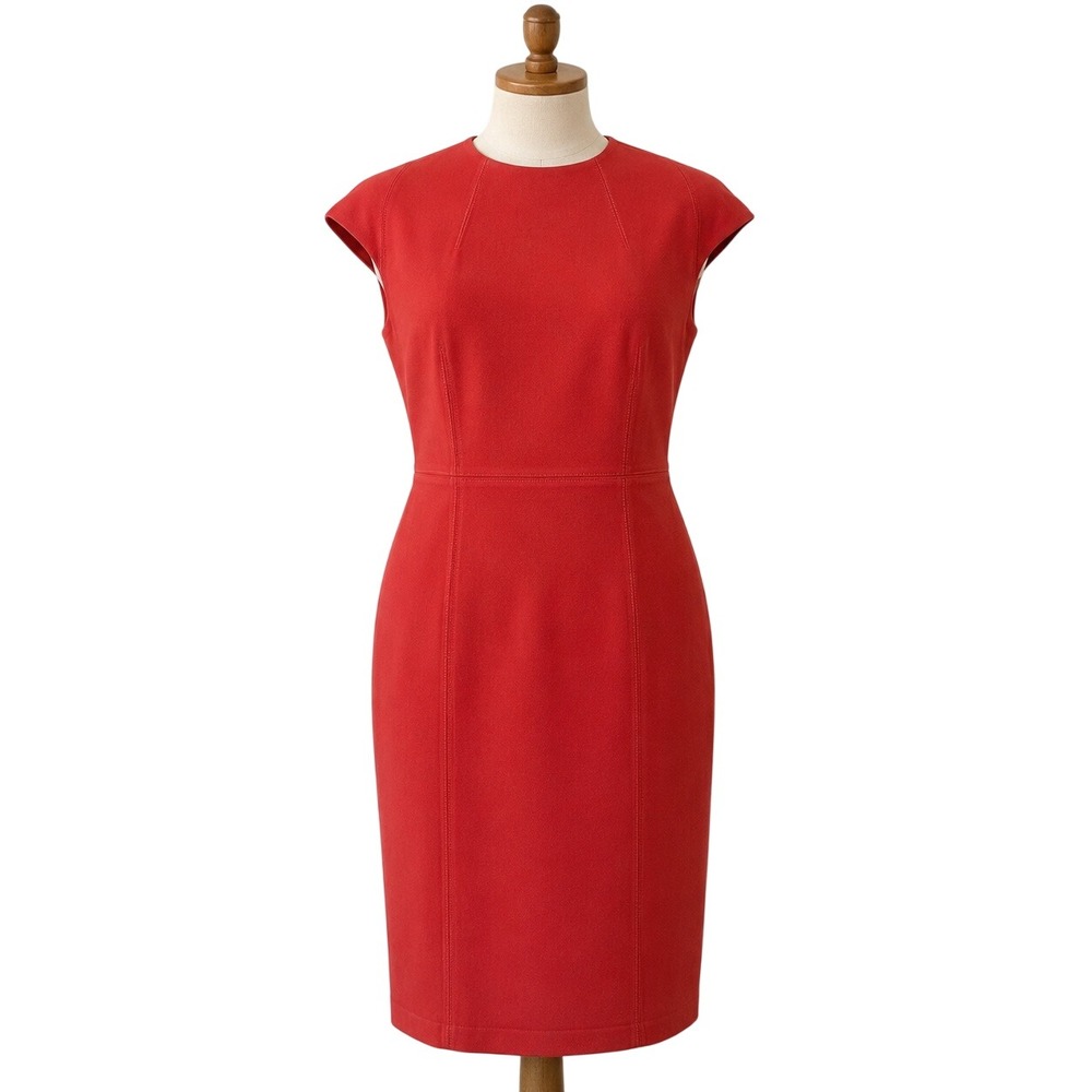 Ann Taylor Persimmon Red Mock Neck Sheath Dress Sz 12 Cap Sleeve Tailored Career